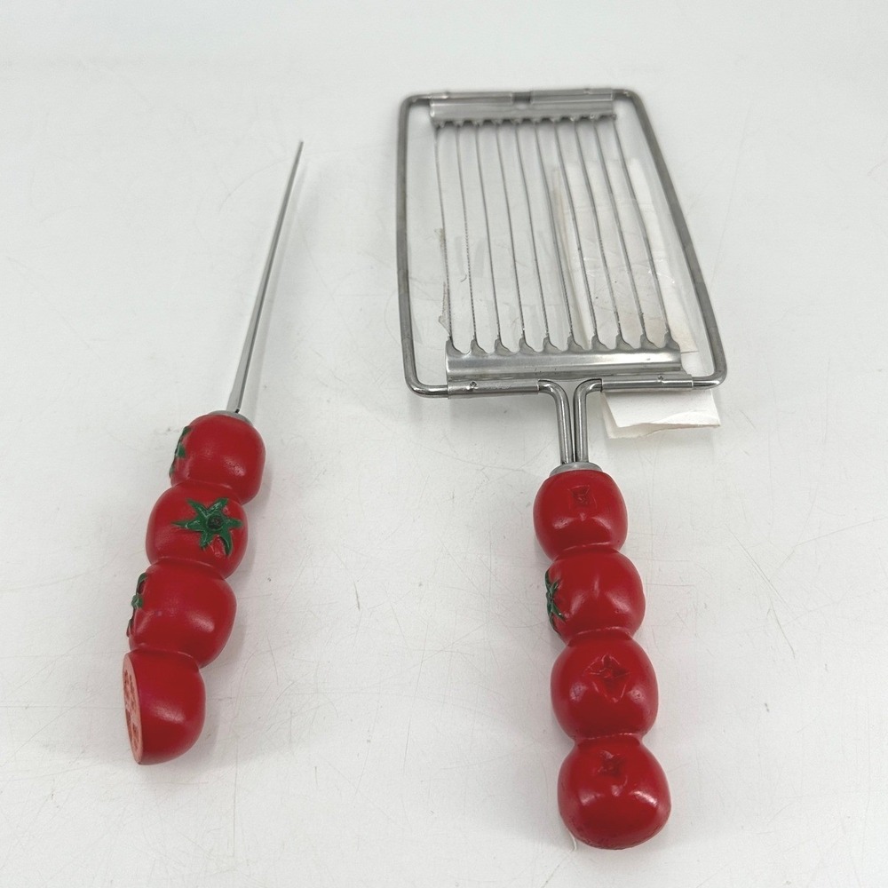 Vintage Style Tomato Slicer and Knife Set Red Tomato Shaped Handles Stainless